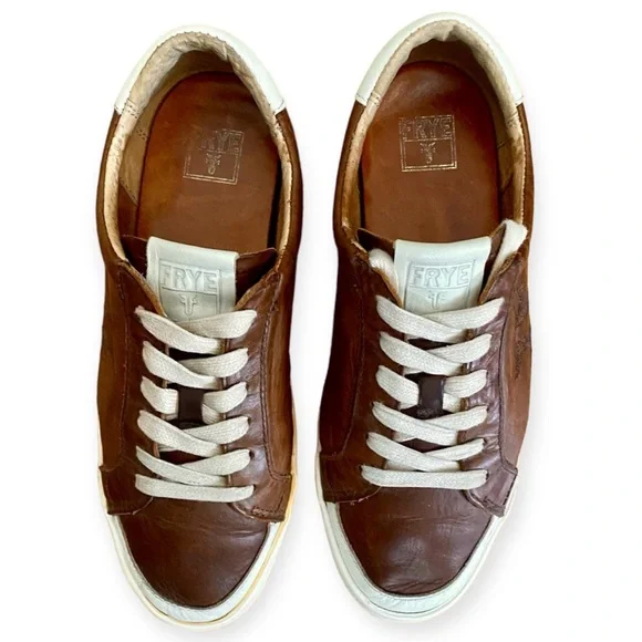 Frye Dylan Vintage Distressed Leather Brown Cream Sneakers Size 6.5 - Picture 2 of 12